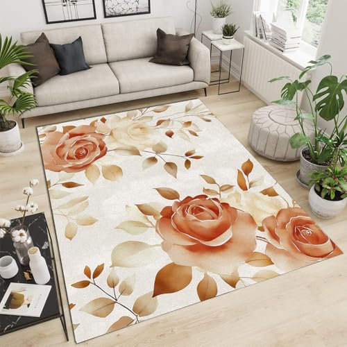 GDJSMIN Feuille Tapis Salon Lavable Tapis, Chambre Pile Courte et Douce Tapis Doux Chambre Tapis, Vintage Roses Florales Intérieur Extérieur Dessous antidérapant Tapis Grand