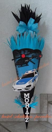 Schultüten Bastelset Polizeiauto mit Hubschrauber 2 schwarz-türkis-blau Hintergrund vormalen nein, Schultüten-Rohling 3D Wellpappe-Rohling