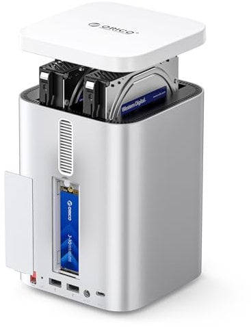 ORICO MiniTower Case Hard Disk Alluminio RAID a 2 Baia per 2.5/3.5 HDD SATA/SSD NVMe, Docking Station di Espansione per Mac mini M4 fino a 56TB, Hub USB C 10Gbps, Supporta RAID1/2/JBOD- M435
