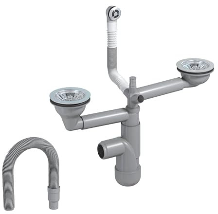 LAXARA Flexlok Teleskop Siphon für platzsparende Küchenspülen/Spülbecken | Universale Flexibilität mit recyceltem Kunststoff | (Flexlok2 mit rundem Überlauf mit Abflussrohr ohne Magnetabdeckung)