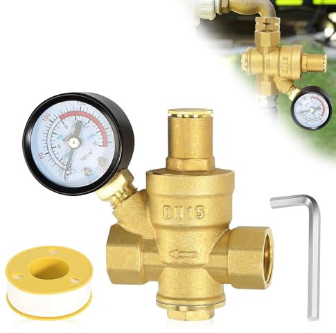 Riisoyu Druckminderer Wasser 1/2 Zoll DN15 mit Manometer, Hergestellt aus 100% Hohe Härte Messing Wasserdruckminderer mit Einstellwerkzeugen Einstellbarer Wasserdruckregler Druckreduzierventil
