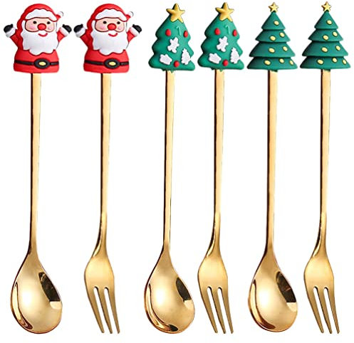 REYIN-CHHN Juego de cuchara de Navidad, cucharas mezcladoras con tenedor de postre, árbol de Navidad, cubiertos de Papá Noel, cubiertos de fiesta de Navidad para postre, café, té, dorado