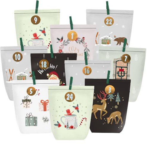 PANSIBY Adventskalender zum Befüllen, 24 Weihnachten Papiertüten zum Selber Basteln, Papier Adventstüten mit Zahlenaufkleber zum Selbstbefüllen