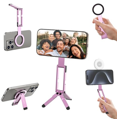 ULANZI MA60 Magnetisches Handy-Stativ für iPhone, 3in1 Aluminium Mini-Stativ Faltbar, Taschen-Handy-Ständer, 14 N Doppelseitiger Magnet, kompatibel mit iPhone 16, 15, 14, 13, 12, Magsafe, Rose