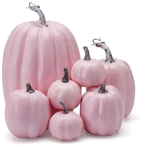 Generisch Künstlicher Kürbis, 7 Stück Halloween Gefälschte Kürbisse Dekoration, Herbst Deko Aesthetic, Herbstdeko Outdoor, Autumn Pumpkin Decor, Tischdeko für Party Verzieren ThanksgivingInnen (Rosa)