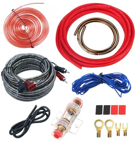 PORFOYO 4GA Auto Verstärker Kabelsatz, 5 Meter Endstufe Kabel Set, Endstufe Kabelsatz, Subwoofer Kabel Set, Car Audio Wire mit Cinchkabel, Sicherungshalter, Gabelkabelschuhen für Car Audio Endstufen