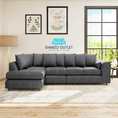 New Gamzo Fabric Corner Sofa Firm | Soft Jumbo Cord 3-4-5 Seater Corner Sofa Left/Right Hand Facing) (Charcoal Grey, XL Left Hand Facing)