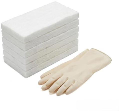 6 Unidades de Lana de Cerámica con 1 Par de Guantes de Goma, 30x10x1,3 cm Fibra Cerámica, Esponja de Chimenea de Mesa Prolonga la Vida Útil del Fuego, Ceramic Wool para Bioetanol Chimeneas de Mesa