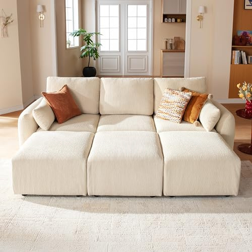 JINOVIA Modulares Ecksofa 254cm, modernes Cord-Schlafsofa mit Hocker, individuell konfigurierbare Wohnlandschaft, hochdichter Memory-Schaum, abnehmbare & waschbare Kissenbezüge, Beige
