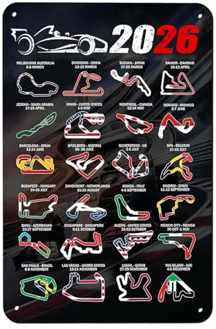 YNR 2026 Formel-Rennbahn-Layout-Poster, 20 x 30 cm, Grand Prix Circuit F1 Metallschild, F1-Schaltungen, Aluminium-Wandverkleidung, Kunstwerk, Motorrennen 2026, Event-Poster für Formel-1-Fans, Heimbüro