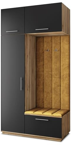 Masseno Flugarderoben Set Rema, Kleiderschrank-Set mit Sitzbank, Garderobenschrank Flur mit 5 Regalböden, Eiche Wotan/Schwarz