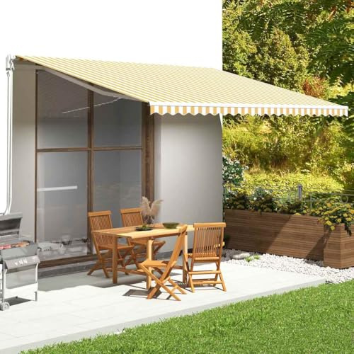 Kaloriko Toldo amarillo y blanco, 5 x 3,5 m, poliéster resistente a los rayos UV, protección solar impermeable con cenefa para terraza, jardín, balcones como toldo resistente a la intemperie y