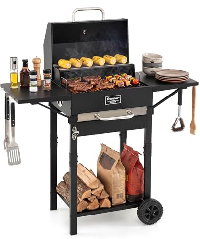 COSTWAY Barbacoa Carbón y Leña XL con Ruedas, Tapa, 110 x 43 x 105 cm | Termómetro, 2 Rejillas de Cocción, 2 Mesitas Laterales, 6 Ganchos, Abrebotellas, Parrilla Barbacoa Portátil para Camping