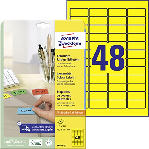 AVERY Zweckform L6041-20 Gelbe Etiketten (960 Aufkleber, 45,7x21,2mm auf A4, wieder rückstandsfrei ablösbar, selbstklebende Farbetiketten, Papier matt, bedruckbare, farbige Klebeetiketten) 20 Blatt