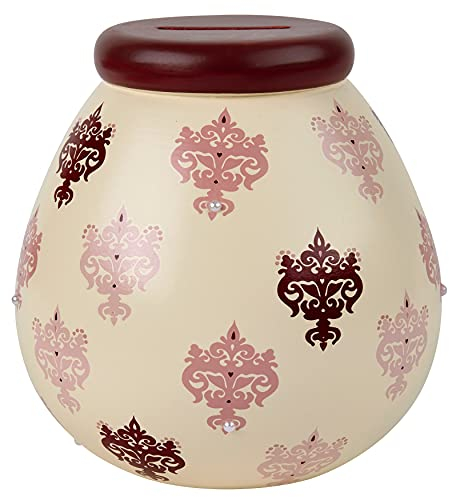 Pot of Dreams House Hand Painted Fleur de LYS Pattern Save And Smash Handcrafted Cream Color Ceramic Money Box Piggy Bank | Perfect Decorative Gift for Living Room & Bedroom