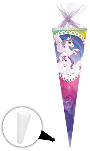Schultüte - Einhorn & Pferd Pegasus - Regenbogen - 35 cm - rund - mit Tüllabschluß - Zuckertüte - mit/ohne Kunststoff Spitze - Nestler - Mädchen - Einhö..