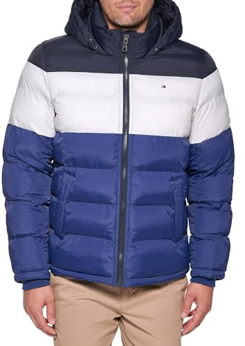 Tommy Hilfiger Men's Classic Hooded Puffer Jacket Down Alternative Coat, Bluebell Color Block, M UK