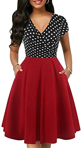 oxiuly Women's Vintage Dot V-Neck Cap Sleeve Casual Pockets Swing Tea Dress OX296 - Black - X-Large