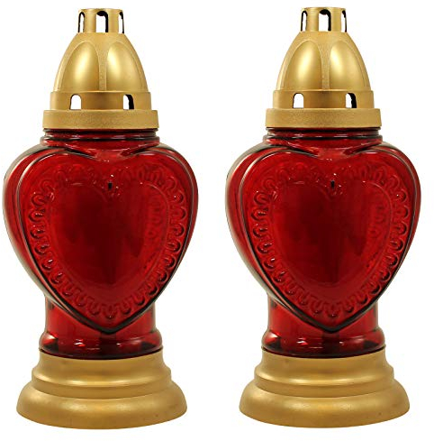 Ebersbacher Kerzenfabrik GmbH 2er Pack Glas-Grablampe Herz rot mit Brennereinsatz