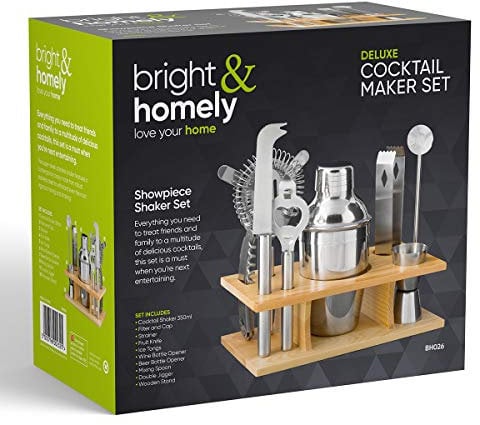 10pc Cocktail Maker Set Shaker Glass Bar Spoon Strainer Tong Bottle Opener Stand