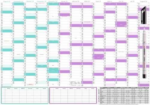 Schuljahreskalender 2025/2026 DIN B1 (700 x 1000mm) nass abwischbar matt + Folienstift schwarz - gerollt - August 2025 bis August 2026, 13 Monate - Wandkalender Schulkalender