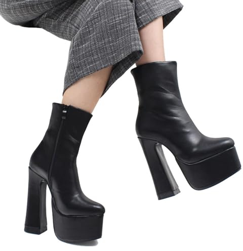 TIKENBST Tacchi Donna Tacchi Alti Stivali con Plateau da 15 Cm Stivaletti con Tacco Alto E Tacco Grosso Scarpe con Punta A Punta,Black-45