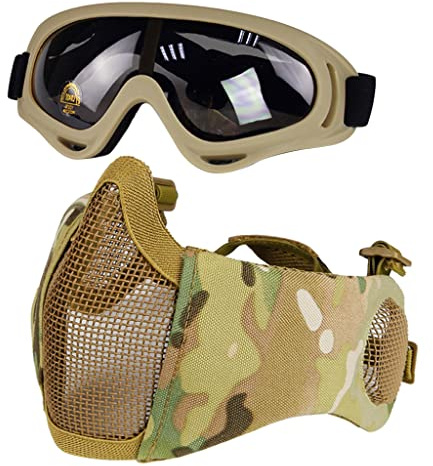 Hodeacc Airsoft-Maske und Brille, Halbgesichtsmaske aus Metallgeflecht, mit Ohrenschutz, Anti-UV-Airsoft-Brille, Augenschutz für Outdoor-Jagd, CS-Spiel