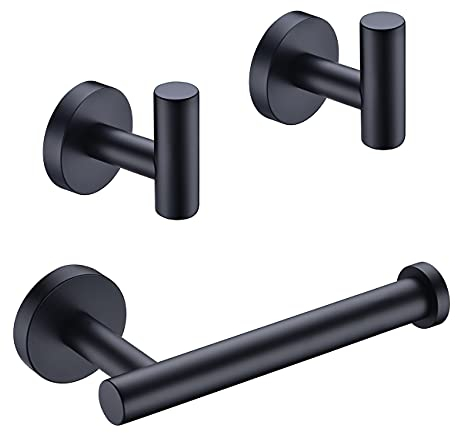 Hoooh BS100S3B-BK Badezimmer-Zubehör-Set (Toilettenpapierhalter & 2 Bademantelhaken) Edelstahl Wandhalterung matt schwarz