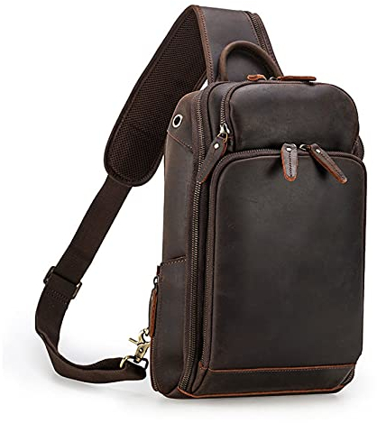 Brusttasche Herren Sling Bag Schultertasche, Frauen Herren Anti Diebstahl Sling Brusttasche Echtes Leder Crossbody Schulter Rucksack Brustpaket Daypack für Outdoor Sport Camping Multifunktions Schulte