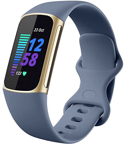Dirrelo Armband Kompatibel Mit Fitbit Charge 5/6 - Weich Silikon Uhrenarmband, Sport Wasserdicht Ersatzband für Damen Und Herren, Blau Grau Groß