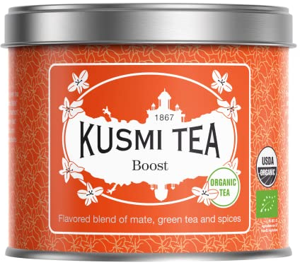 Kusmi Tea - Boost Bio - Thé Biologique - Mélange Aromatisé de Maté, Thé Vert et Épices - Cannelle, Cardamome et Gingembre - Recette Tonique - Boîte Thé Métal 100g - Quantité pour environ 50 Tasses