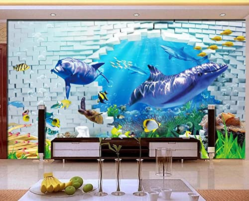 Papier Peint Panoramique Dauphin Mur De Briques Bleu Mer Profonde Papier Peint Intissé 3D Murale Tableaux Muraux Tapisserie Salon Chambre