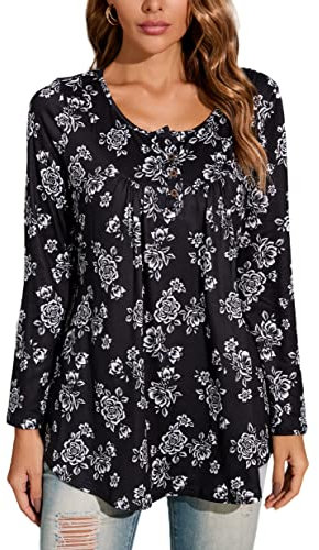 Enmain Women's Tunic Tops Long Sleeve Small V Neck Button Up Casual Ladies Tunic Tops Plus Size T Shirt Blouse,Black,2XL
