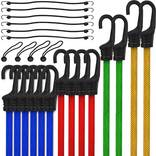 FORTEM Cordini elastici con ganci, 24 corde Bungie Multi Pack, fascette a baldacchino, elastici a sfera, ganci in metallo rivestiti in plastica, resistenti