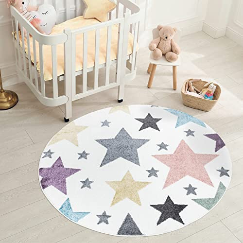 carpet city Teppich Kinderzimmer Sterne - Creme - 120 cm Rund - Kinderteppich Kurzflor mit bunten Sternen - Weicher Flor - Sternenteppich