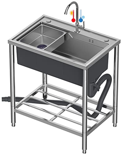 Waschbecken Spültisch Edelstahl Mobiles Außenbereich Gewerbliche Küche Spülbecken mit Wasserhahn mit Kalt und Warmwasserschläuchen,Camping für Außen,Innen,Restaurant 72cm