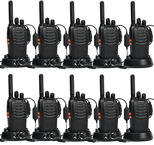 Talkie Walkie 16 Canaux PMR446 Radio sans Licence, pofung PT88E Professionnel Rechargeable Interphone à Distance avec Base de Chargeur USB et Casque (Noir, 10 Pcs)