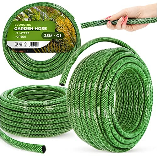 Manguera de jardín de 1 pulgada, 25 m, color verde, reforzada, 3 capas, resistente a los rayos UV, flexible, flexible, para riego, jardinería, lavado de coche, manguera blindada
