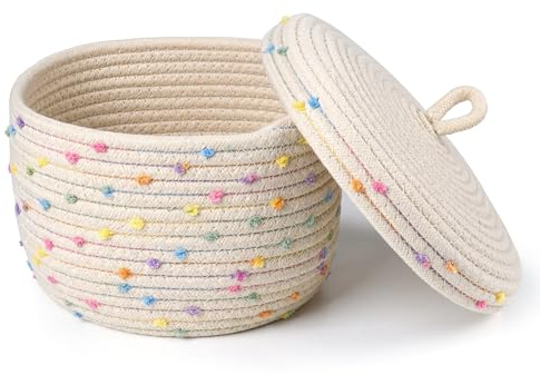 Winter Shore Baumwollseil Körbchen Geflochten - Korb Geflochten mit Deckel für Pflanzen, Garn, Kinderzimmerzubehör, Snacks, Handtücher - Flechtkorb Klein - Cremefarben mit Bunten Akzenten, Rope Basket