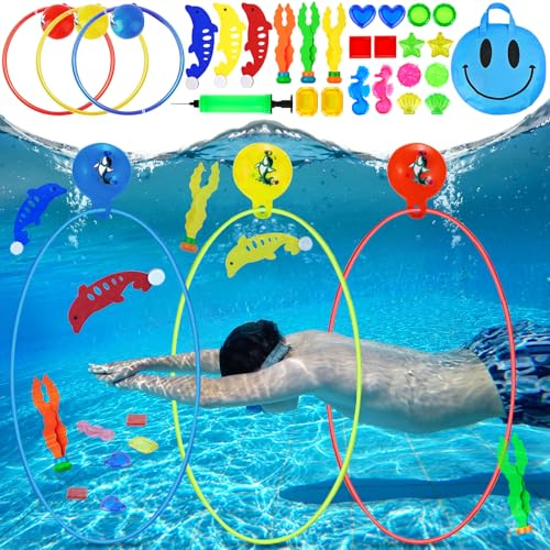 POWZOO 27pcs Jouets de Plongée,Jeux de Piscine pour Enfant,Jouet sous Eau Piscine Été inclure 3 Anneaux de plongée,Gemme,Dauphin,Algues etc,pour Enfants Entrainement de plongée,Cadeaux 5-12 Ans.