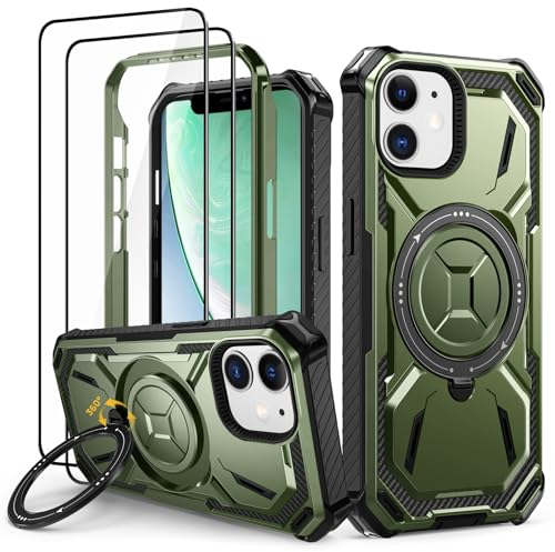Lanhiem Handyhülle für iPhone 11 Hülle mit 2 Stück Panzerglas und 360° Ring Ständer, Militärischer Stoßfest Schutzhülle für iPhone 11 Case, Grün