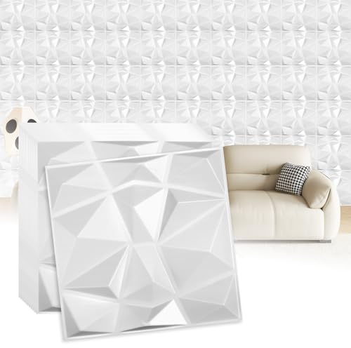 12 Stück Wandpaneele 3D Paneele PVC Kunststoffpaneele 30 x 30 cm Platten 3D Polystyrol Gaming Wandplatten für Dekoration von Wohnzimmer, Schlafzimmer, Badezimmer Weiß