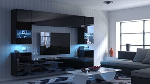 Com4t-Style C27 Black Gloss Living Room Furniture Set LED Lighting - TV Unit - Push to Open TV Cabinets for Living Room - 240 x 176 x 35 cm