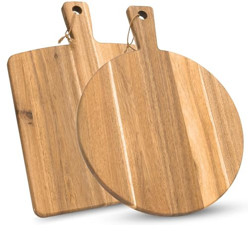 KOLWOVEN Set di 2 taglieri in legno di acacia, con manico, tagliere grande per intagliare formaggio, carne, frutta, pizza, pane, cottura