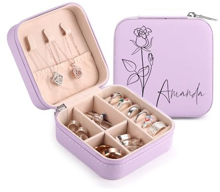 MeMeDIY Personalisierte Schmuckschatulle mit Namen/Blume Individuelles Leder Reise-Schmuckkästchen Schmuck-Organizer-Box Hochzeit Brautjungfer Geschenke für Frauen und Mütter -G
