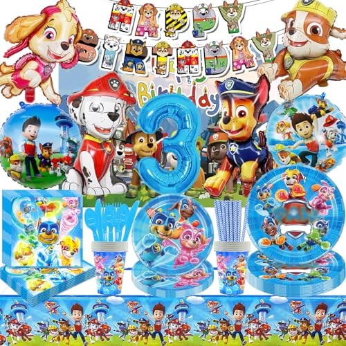 HTTMTTS 100 Stücke für Paw Dog Patrol Deko 3 Jahre,Dog Geburtstag Party,Paw Dog Patrol Thema,Geschirr,Tischdecke,Banner,Ballon,Hintergrund,Papierserviette(Mädchen Junge Party Deco 3 Jahre)