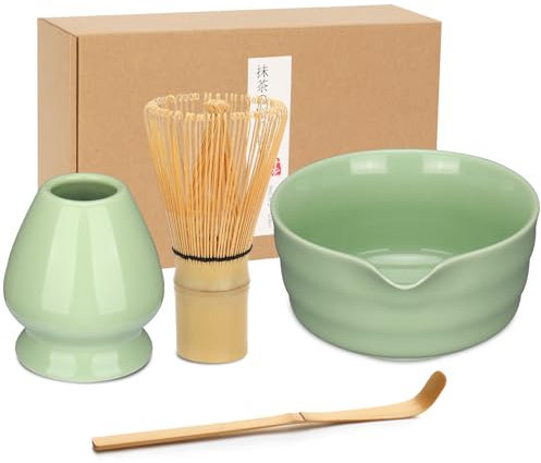 Geebuzz Matcha Whisk Set - Matcha Bowl and Bamboo Matcha Whisk, Scoop, Spoon, Sifter, Whisk Holder, 6pcs Perfect Matcha Starter Kit for Matcha Tea Ceremony (B Green)