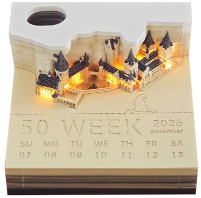 Tischkalender 2025 mit LED-Lichtern, Papierschnitzerei 3D Schlosskalender Notizblock, Abreißbarer Notizblock, DIY Papierschnitzerei Kunst Handwerk für Schule/Zuhause/Büro (Ausgabe 2025)