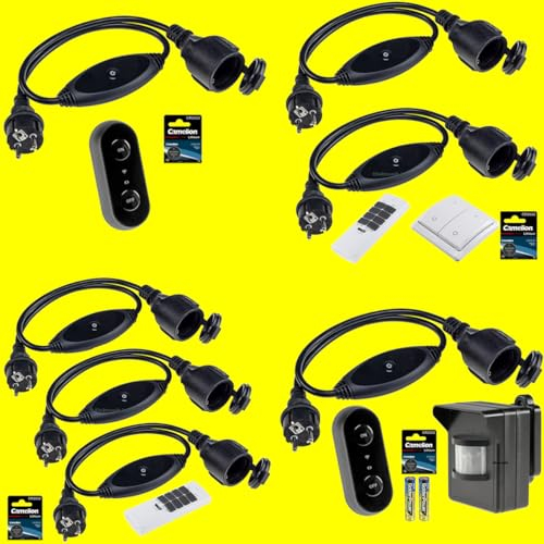 Wetterfestes Funk-High-Tech-Set Outdoor-geeignet | Zwischenstecker-Funkschaltung 1000W + Hand-/Wandsender IP55+Funk-Bewegungsmelder+Batterie | EINFACHE Installation! (PC-SET-49|unten-rechts)