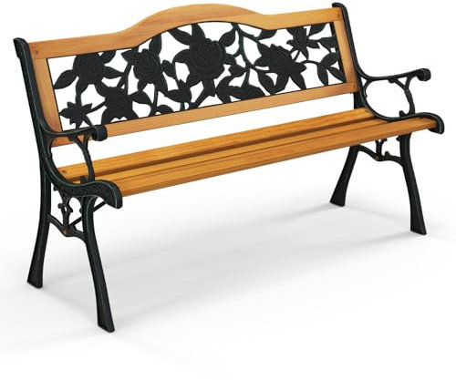 COSTWAY Banc de Jardin, Banc Extérieur en Bois, Banquette Jardin 3 Personnes avec Accoudoirs, Cadre en Métal Moulé, Motif de Fleur, Dossier en Plastique (Vintage)